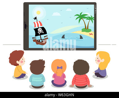 Illustration of Kids Sitting Down and Watching Pirate Show on Tablet Computer Stock Photo