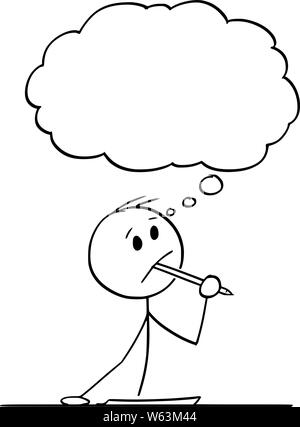 Vector cartoon stick figure drawing conceptual illustration of creative man or businessman or writer thinking about something, with ballpoint pen in mouth and piece of paper on the table. Stock Vector