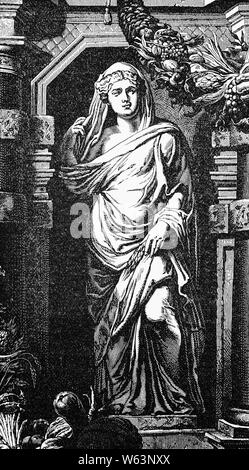 A portrait of Ceres. In ancient Roman religion, she was a goddess of agriculture, grain crops, fertility and motherly relationships. She was originally the central deity in Rome's so-called plebeian or Aventine Triad, then was paired with her daughter Proserpina in what Romans described as 'the Greek rites of Ceres'. Her seven-day April festival of Cerealia included the popular Ludi Ceriales (Ceres' games). She was also honoured in the May lustratio of the fields at the Ambarvalia festival, at harvest-time, and during Roman marriages and funeral rites. Stock Photo