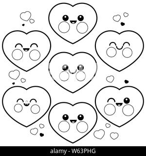Cute heart characters. Black and white coloring book page. Stock Photo