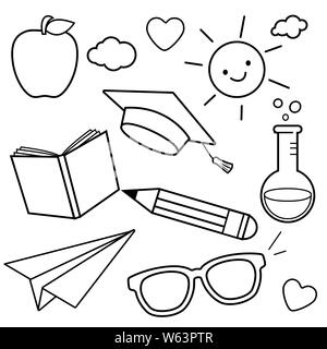 School themed sketch icons. Black and white coloring book page Stock Photo