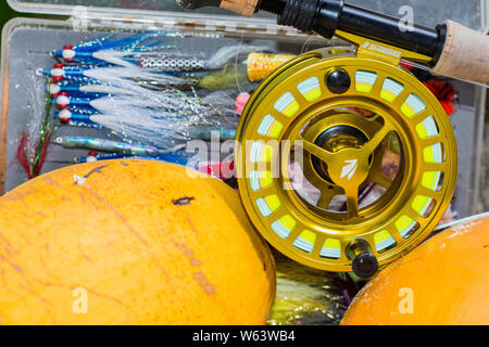 Saltwater fly fishing flies and fly rod and reel Stock Photo