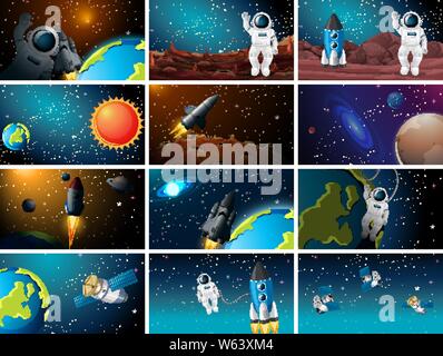 Large set of space scenes illustration Stock Vector