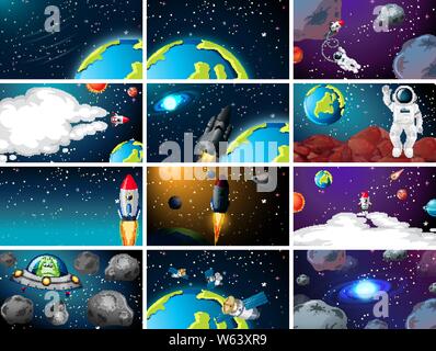 Large set of space scenes illustration Stock Vector