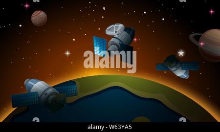 satellites flying around earth illustration Stock Vector