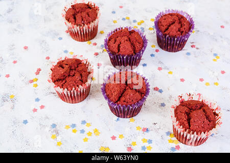Chocolate muffins "red velvet" on white background Stock Photo