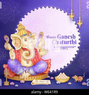 Happy Ganesh Chaturthi design with god Ganesha holding ritual implement on purple background Stock Vector