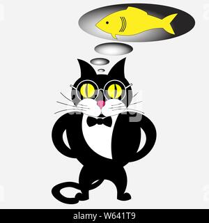 black cat with glasses dreams of a fish design for children Stock Vector