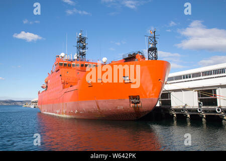 Ice Breaker Ship moored in Hobart Harbour before sailing to Antarctica for scientific and Antarctica for scientific research on climate change. Stock Photo