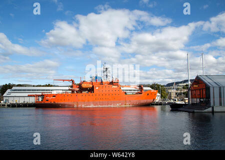 Ice Breaker Ship moored in Hobart Harbour before sailing to Antarctica for scientific and Antarctica for scientific research on climate change. Stock Photo