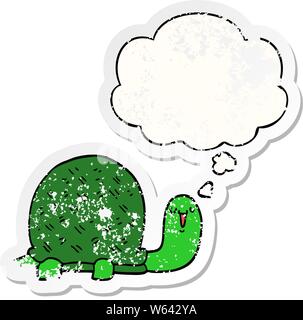 cute cartoon turtle with thought bubble as a distressed worn sticker Stock Vector