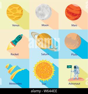 Space expedition icon set. Flat set of 9 space expedition vector icons for web design isolated on white background Stock Vector