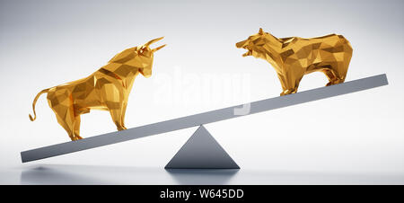 Golden bull and bear on a seesaw - Bulle und Bär Stock Photo