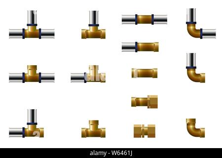 Fittings for plastic pipes. Vector illustration. Set of tee, angle and connector. Stock Vector