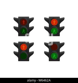 Set of traffic lights for pedestrian crossing. Red and green. Vector illustration. Stock Vector