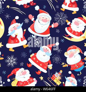 Christmas color pattern of funny Santa Clauses on a blue background with snowflakes and gifts. Sample New Year's design for wallpaper or packaging and Stock Vector