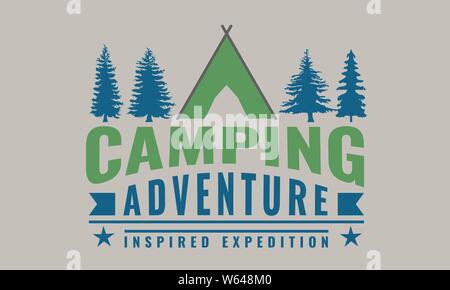 Camping logo or emblem with vintage style. Tent silhouette editable vector illustration. Stock Vector