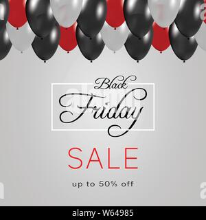 Black Friday banner design with balloons and text. Stock Vector