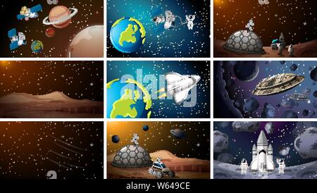 Large set of space scenes illustration Stock Vector