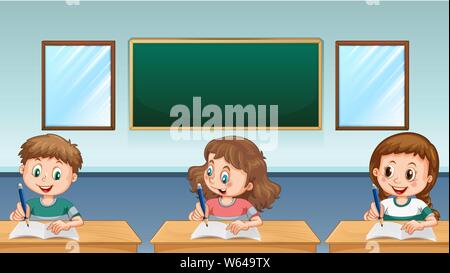 Three pupils writing in classroom illustration Stock Vector