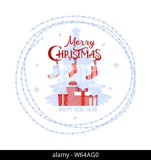 Christmas logo, phrase Happy Christmas, boxes of gifts and Christmas socks. Element for design postcard, greetings, banner. Stock vector in flat style isolated on white background. Stock Vector