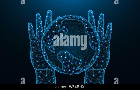 Hands and Earth low poly design, save the planet in polygonal style, future, nature and ecology of the earth wire frame vector illustration made from Stock Vector