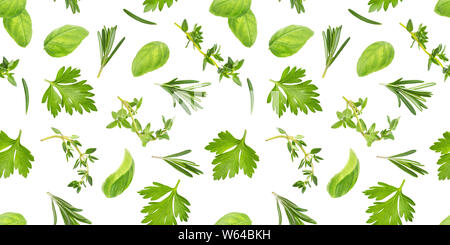 Different spices and herbs seamless pattern isolated on white background, basil leaf, thyme, rosemary, top view Stock Photo