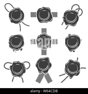 Black wax seals. Vector wax stamps icons isolated on white background, seal with ribbon images Stock Vector