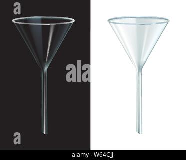 Glassware Transparent Laboratory Funnel Vector. Realistic Chemical Laboratory Filter Funnel Instrument Equipment Isolated Detailed Image On Stock Vector