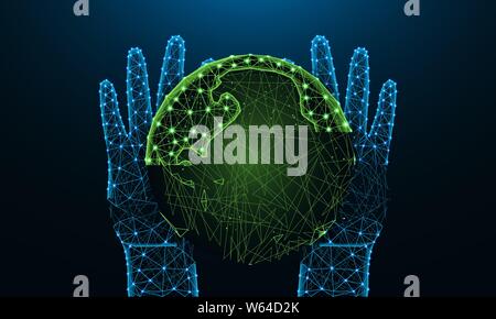 Hands and Earth low poly design, save the planet in polygonal style, future, nature and ecology of the earth wire frame vector illustration made from Stock Vector