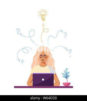 The girl in glasses works behind a laptop. Solving problems or questions in the work, finding answers and ideas. Illustration of business graphics, a woman filled with ideas, thoughts and analytics. Stock vector illustration in flat cartoon style. Stock Vector
