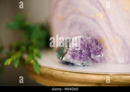 Elegant marble cake with stones, crystals. Wedding or birthday Stock Photo