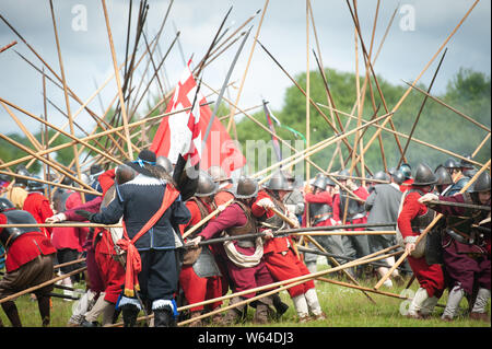 North Common, Marlborough, Wiltshire, UK. 27th July 2019. English Civil War Society members take part in a re-enactment of the early part of the two e Stock Photo