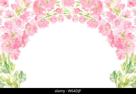 Pink abstract floral watercolor horizontal frame wreath arrangement pastel color flowers and leaves hand painted background in circle for text Stock Photo