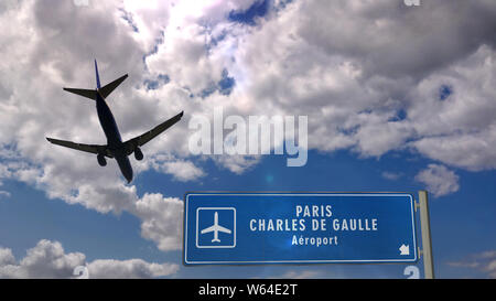 Jet airplane landing in Paris CDG, Charles de Gaulle, France. City arrival with airport direction sign. Travel, business, tourism and transport concep Stock Photo