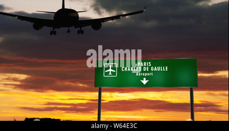 Jet plane landing in Paris CDG, Charles de Gaulle, France. City arrival with airport direction sign. Travel, business, tourism and transport concept. Stock Photo