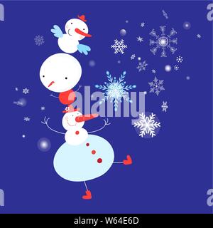 Christmas card of the dancing snowmen on a blue background with snowflakes. An example of a festive New Year's design for a store, web page or poster. Stock Vector