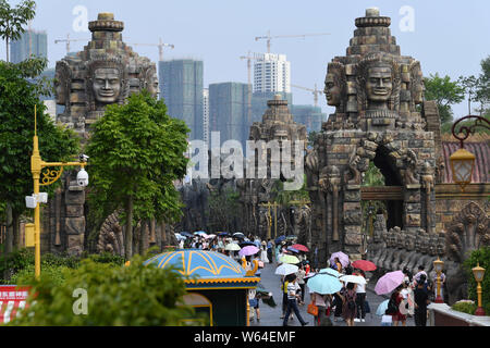 Tourists visit a replica of Cambodia's Angkor Wat temple complex at a tourist attraction in Nanning city, south China's Guangxi Zhuang Autonomous Regi Stock Photo