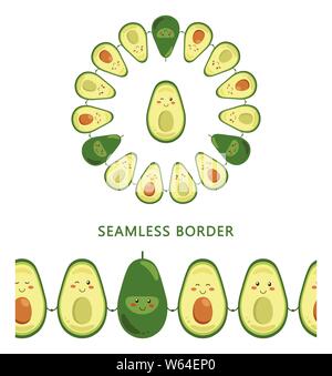 Seamless border of vector fruit smiling characters holding hands isolated on white background. Whole and cut in half avocado with pit. Kawaii style Stock Vector
