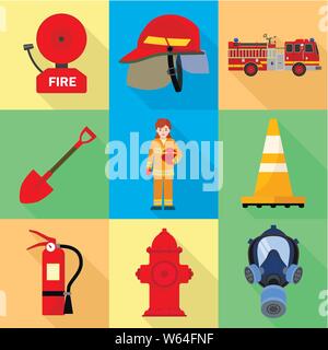 Firefighter tools icon set. Flat set of 9 firefighter tools vector icons for web design isolated on white background Stock Vector