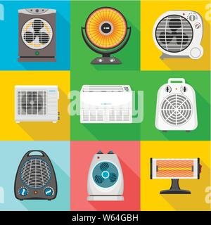 Fan heater icon set. Flat set of 9 fan heater vector icons for web design isolated on white background Stock Vector