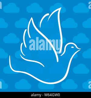 Vector illustration. Dove flying over cloudy sky in blue and white tones. Stock Vector