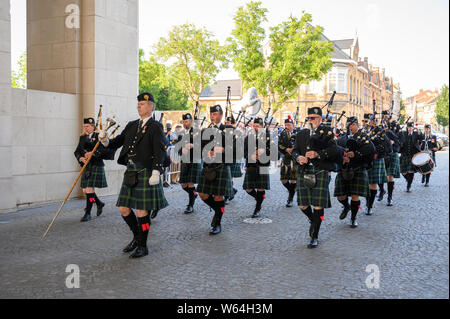 The Sons of Scotland Pipe Band of Ottawa at the Menin Gate, Ypres during the Last Post Ceremony. Stock Photo