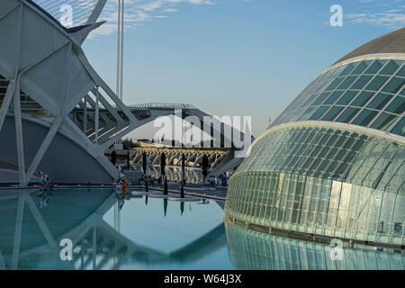 JULY 27, 2019 - VALENCIA, SPAIN. The Prince Felipe Science Museum (2000) and the Hemisferic Planetarium (1998) are part of the CIty of Arts and Scienc Stock Photo