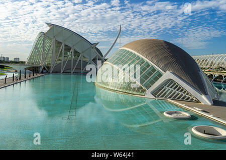 JULY 27, 2019 - VALENCIA, SPAIN. The Prince Felipe Science Museum (2000) and the Hemisferic Planetarium (1998) are part of the CIty of Arts and Scienc Stock Photo