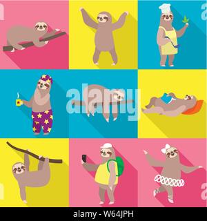 Sloth icon set. Flat set of 9 sloth vector icons for web design isolated on white background Stock Vector