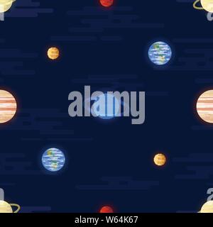 Space print. Seamless vector pattern. Different colored planets of the Solar system and stars. Stock Vector