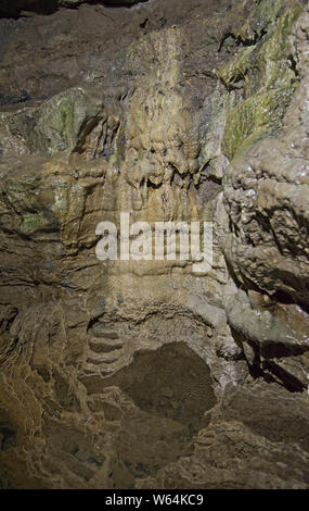 Closeup detail of geological rock formations in underground subterranean limestone cave cavern Stock Photo