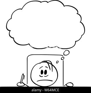 Vector cartoon stick figure drawing conceptual illustration of frustrated or fearful man or businessman sitting with head on the desk, and ballpoint in hand and empty speech bubble. Stock Vector
