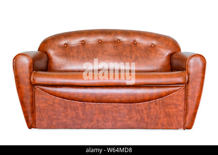 Vintage brown leather couch isolated on white with clipping path Stock Photo